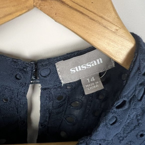 New Sussan Women’s Midi Dress Navy Blue Broderie Scallop Hem Cotton Size L 14 - Picture 6 of 10